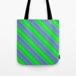 [ Thumbnail: Lime and Medium Slate Blue Colored Lined Pattern Tote Bag ]