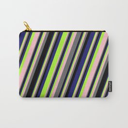 [ Thumbnail: Eye-catching Midnight Blue, Light Green, Pink, Dim Grey, and Black Colored Striped Pattern Carry-All Pouch ]