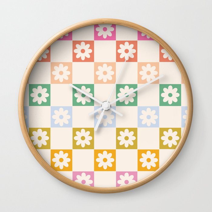 Flowers Rainbow Checkerboard Pattern Wall Clock