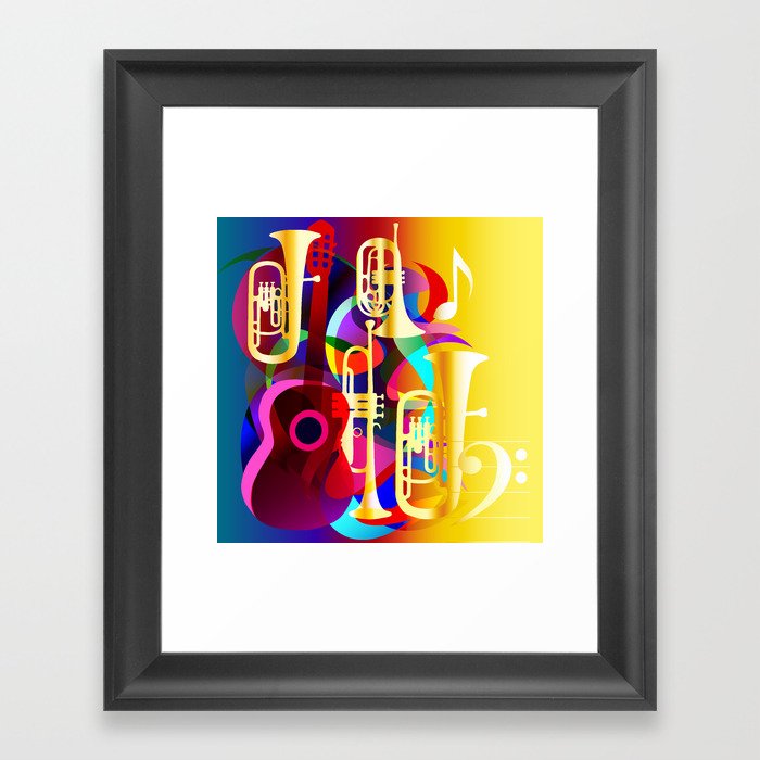Colorful music instruments with guitar, trumpet, musical notes, bass clef and abstract decor Framed Art Print