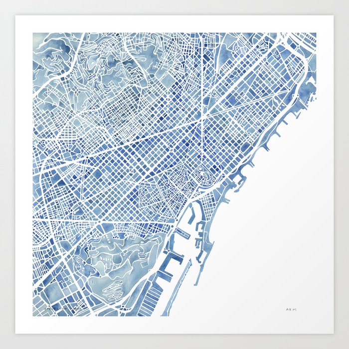 Barcelona Blueprint Watercolor City Map Art Print