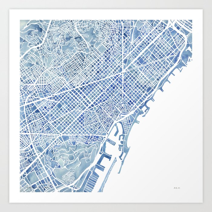Barcelona Blueprint Watercolor City Map Art Print by ...