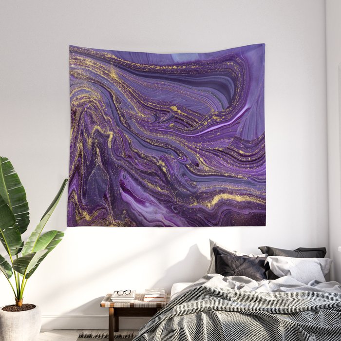 Purple Marble Glitter Gold Fluid Painting Pouring Jupiter Surface Glamorous  Shiny Metallic Accents Wall Mural by EnShape