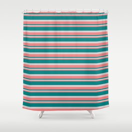 [ Thumbnail: Light Coral, Teal, and Light Grey Colored Lined/Striped Pattern Shower Curtain ]