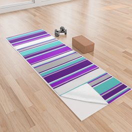 [ Thumbnail: Eyecatching Turquoise, Dark Violet, Grey, Indigo, and White Colored Pattern of Stripes Yoga Towel ]