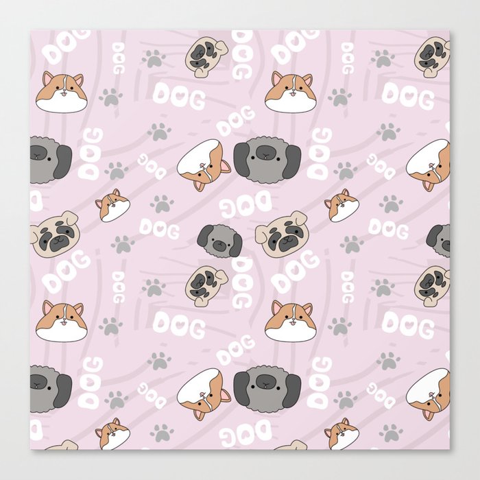 Violet pattern with cute, funny happy dogs. Paws prints, text and pets background for children. Canvas Print