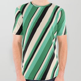 [ Thumbnail: Beige, Aquamarine, Sea Green, and Black Colored Lined/Striped Pattern All Over Graphic Tee ]