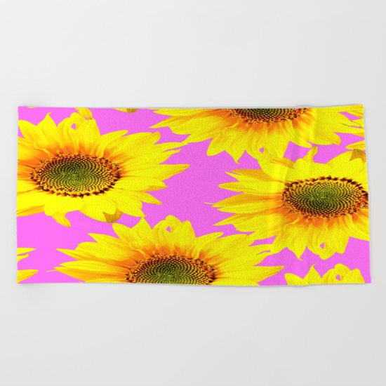 Large Sunflowers on a pink background - #Society6 #buyart Beach Towel
