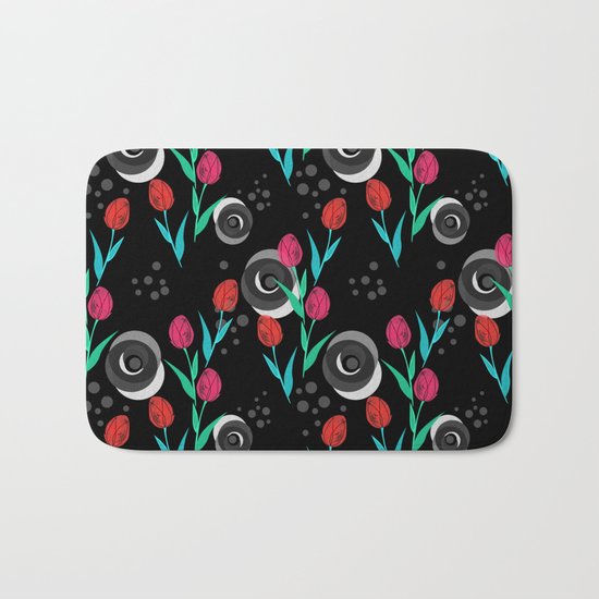Abstract floral pattern tulips. Black background . Bath Mat