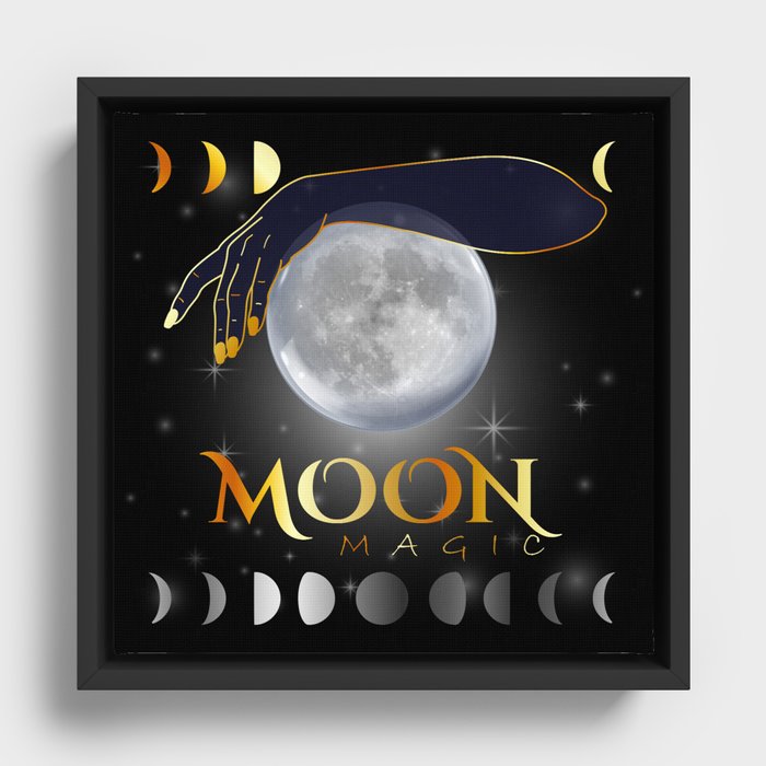 Moon and mystical womans hands on full moon Framed Canvas