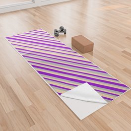 [ Thumbnail: Dark Violet, Grey, and Beige Colored Striped Pattern Yoga Towel ]