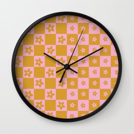 Abstract Floral Checker Pattern in Gold Pink Wall Clock