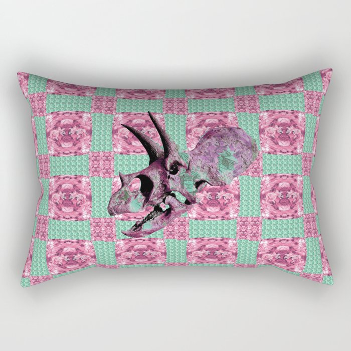 Pink and Green Dinosaur Skull Pattern Quilt Rectangular Pillow