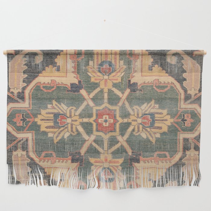 Geometric Leaves VI // 18th Century Distressed Red Blue Green Colorful Ornate Accent Rug Pattern Wall Hanging