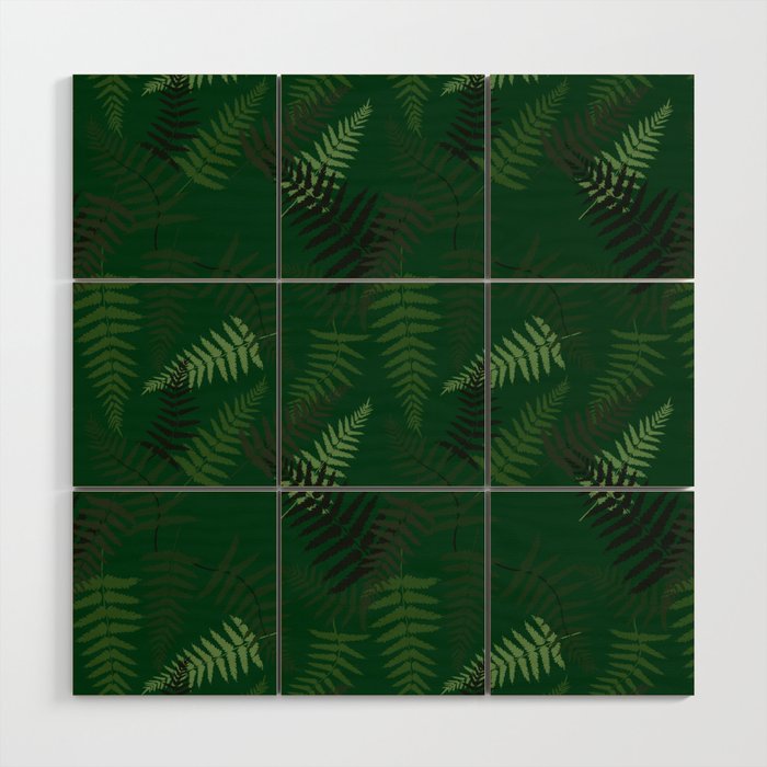Fern Leaf Pattern on Green Background Wood Wall Art