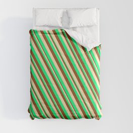 [ Thumbnail: Green, Brown & Beige Colored Lined/Striped Pattern Comforter ]