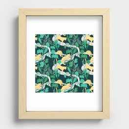 Wild cats with tropical Monstera  plants / green and gold Recessed Framed Print