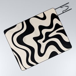 Retro Liquid Swirl Abstract Pattern Black and Almond Cream Picnic Blanket