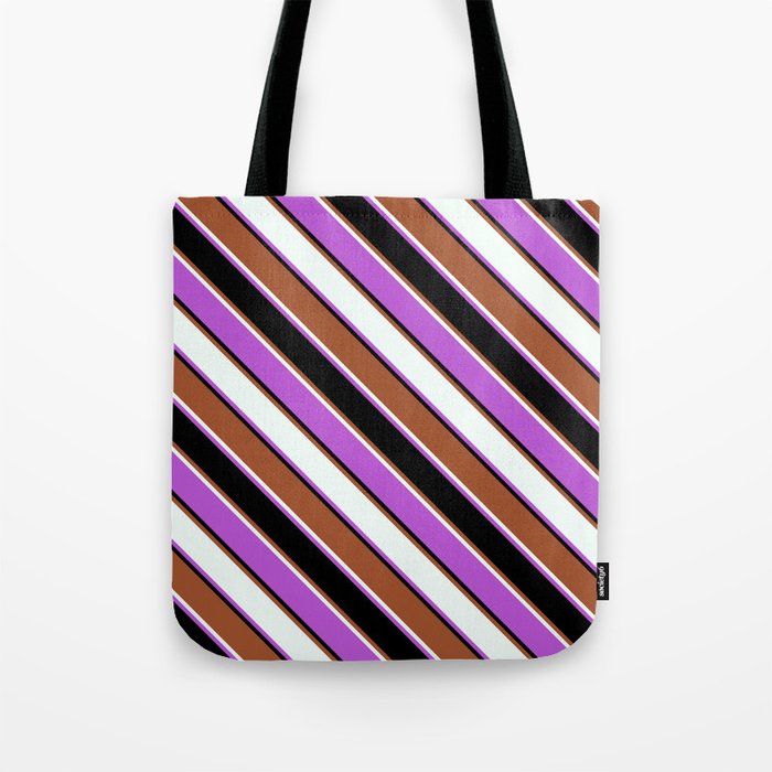 Sienna, Mint Cream, Orchid & Black Colored Pattern of Stripes Tote Bag