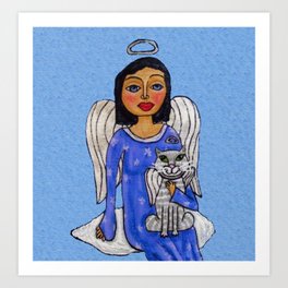 Peaceful Folk Art Angel White Cat Angel Sky on Cloud Blue Art Print