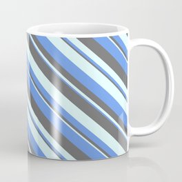 [ Thumbnail: Cornflower Blue, Dim Gray, and Light Cyan Colored Striped Pattern Coffee Mug ]