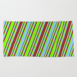 [ Thumbnail: Light Sky Blue, Brown, and Green Colored Striped/Lined Pattern Beach Towel ]