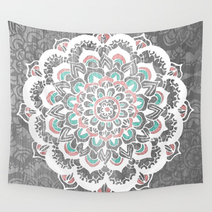 Pastel Floral Medallion on Faded Silver Wood Wall Tapestry by