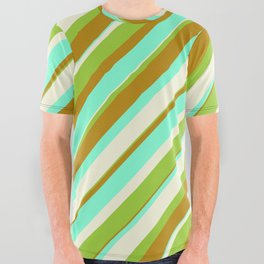 [ Thumbnail: Beige, Green, Dark Goldenrod, and Aquamarine Colored Striped/Lined Pattern All Over Graphic Tee ]