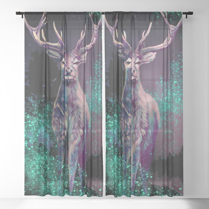 Buck in the Night, Deer with Colorful Antlers in the Night, Dark Nature Art Illustration Sheer Curtain