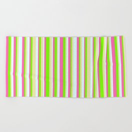 [ Thumbnail: Green, Pale Goldenrod, Light Cyan, and Hot Pink Colored Lined/Striped Pattern Beach Towel ]