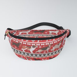 Fluffy and bright fair isle knitting doggie friends // fire brick and fire engine red background brown orange white and grey dog breeds  Fanny Pack