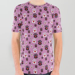 Black and White Animal Paws with Red Hearts on Pink Background All Over Graphic Tee
