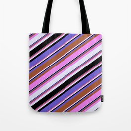 [ Thumbnail: Vibrant Violet, Lavender, Black, Slate Blue, and Sienna Colored Lines/Stripes Pattern Tote Bag ]