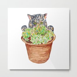Succulent flower pot cat peeking Painting Wall Poster Watercolor Metal Print