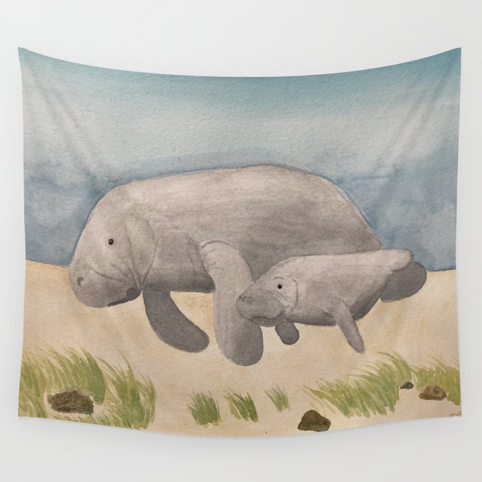 Manatee Mom and Baby  Wall Tapestry