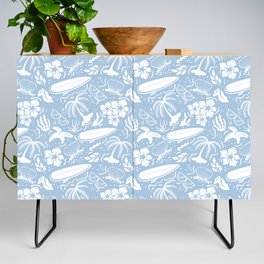 Pale Blue and White Surfing Summer Beach Objects Seamless Pattern Credenza