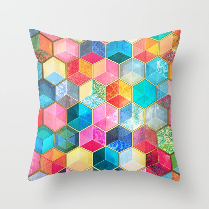 Crystal Bohemian Honeycomb Cubes - colorful hexagon pattern Throw Pillow