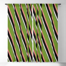 [ Thumbnail: Eyecatching Green, Light Coral, Black, Beige, and Dark Blue Colored Lined/Striped Pattern Blackout Curtain ]