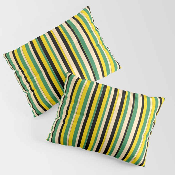 Sea Green, Beige, Black & Yellow Colored Pattern of Stripes Pillow Sham