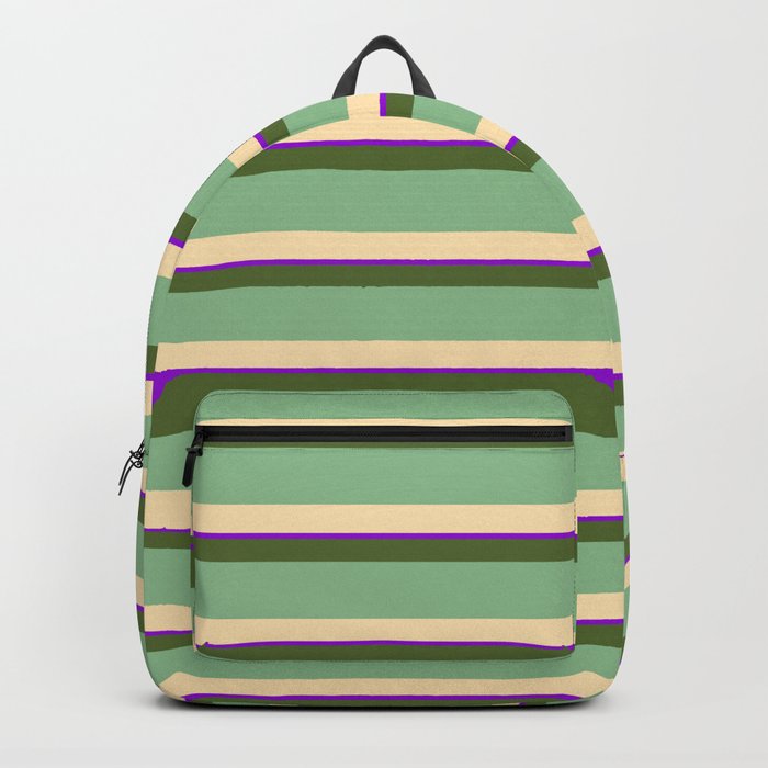 Dark Olive Green, Dark Sea Green, Beige & Dark Violet Colored Lined/Striped Pattern Backpack