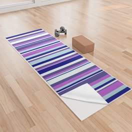 [ Thumbnail: Colorful Blue, Powder Blue, Orchid, Dark Slate Blue & Mint Cream Colored Lined/Striped Pattern Yoga Towel ]