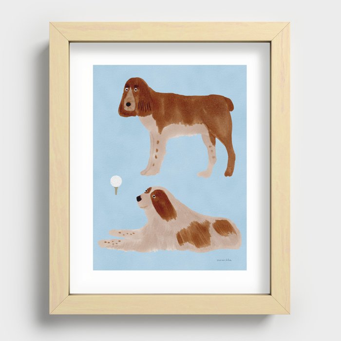 Dogs and a Golf Ball - Brown and Blue Recessed Framed Print