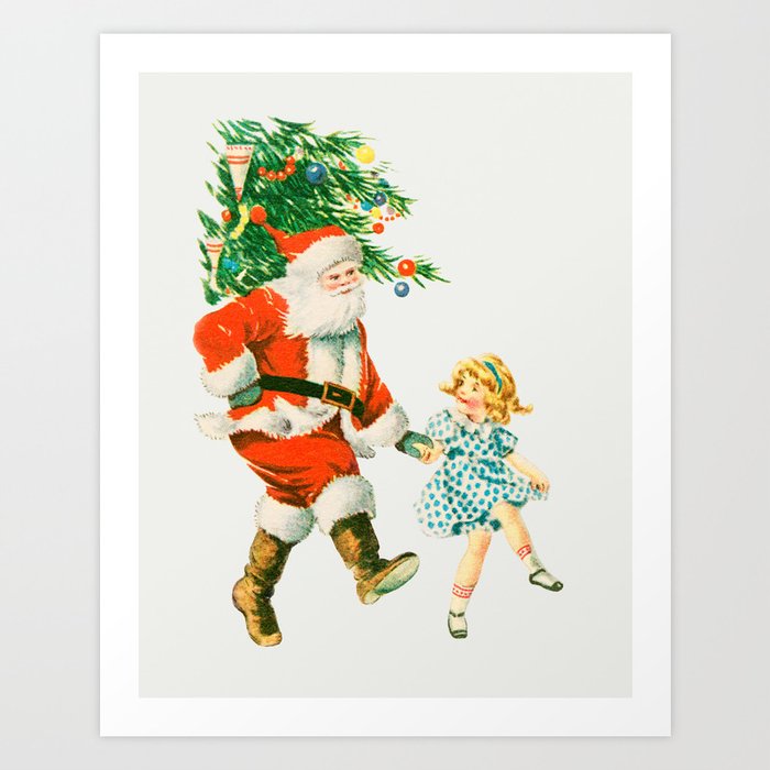 Vintage Christmas Card : Santa Claus & Girl Art Print