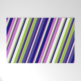 [ Thumbnail: Colorful Green, Dark Slate Blue, Blue, Orchid, and White Colored Stripes Pattern Welcome Mat ]