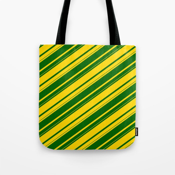 Yellow & Dark Green Colored Lines/Stripes Pattern Tote Bag