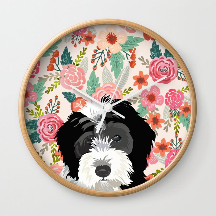 Bernedoodle floral pet portrait art print and dog gifts Wall Clock