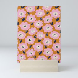 Smiley Flower Pink and Ochre Orange Mini Art Print