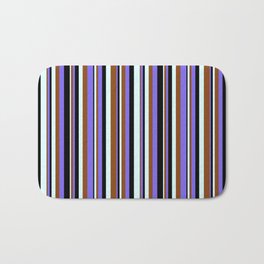 [ Thumbnail: Light Cyan, Brown, Medium Slate Blue & Black Colored Lines Pattern Bath Mat ]