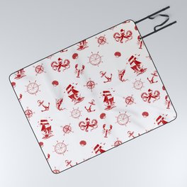 Red Silhouettes Of Vintage Nautical Pattern Picnic Blanket