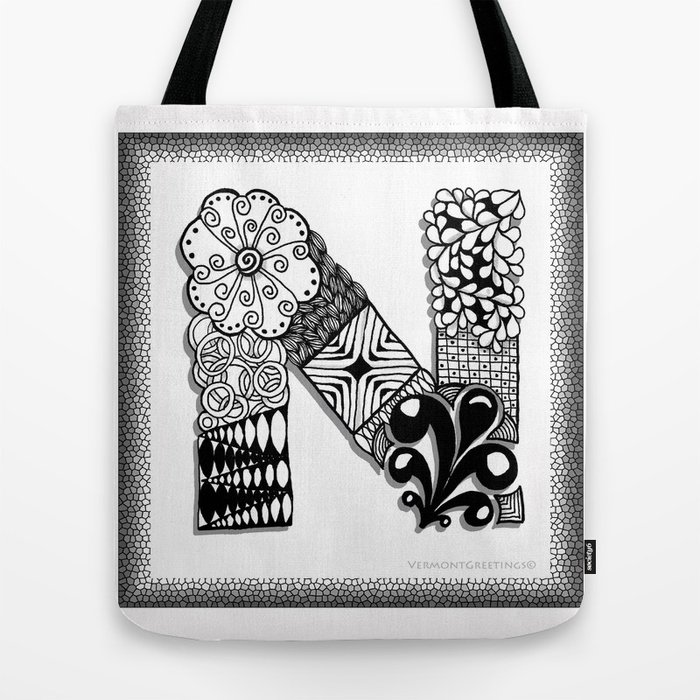 Zentangle N Monogram Alphabet Initials Tote Bag by Vermont Greetings